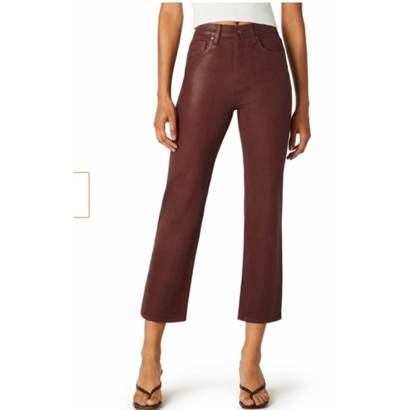 Hudson Remi High-Rise Straight Crop Coated Wax Leather Jeans Burgundy Red - Picture 1 of 10